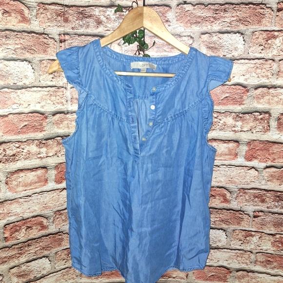 LOFT | 100% Lyrocell Ruffle Shoulder Pullover Chambray Top - Blue - Picture 11 of 15